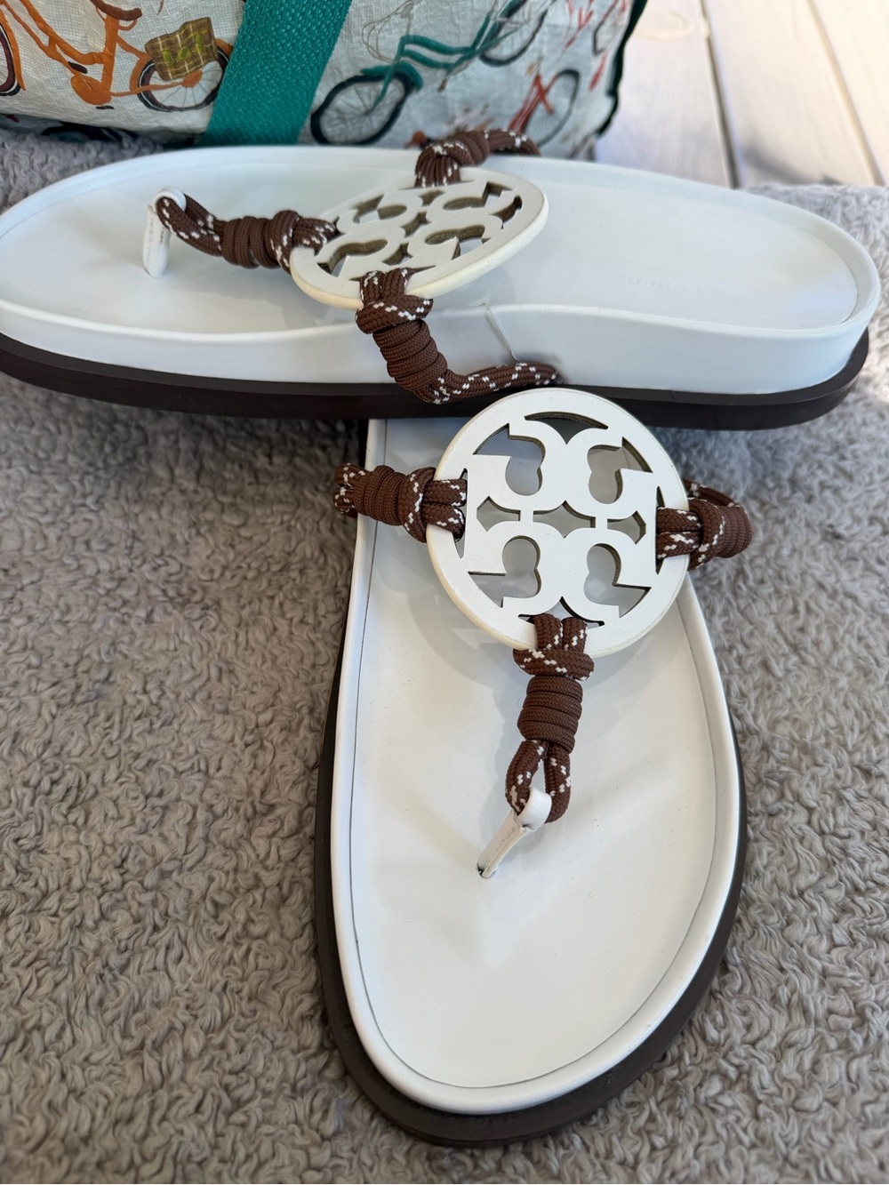 Tory Burch White and Brown Logo Rope Thong Sandals - Picture 4 of 4